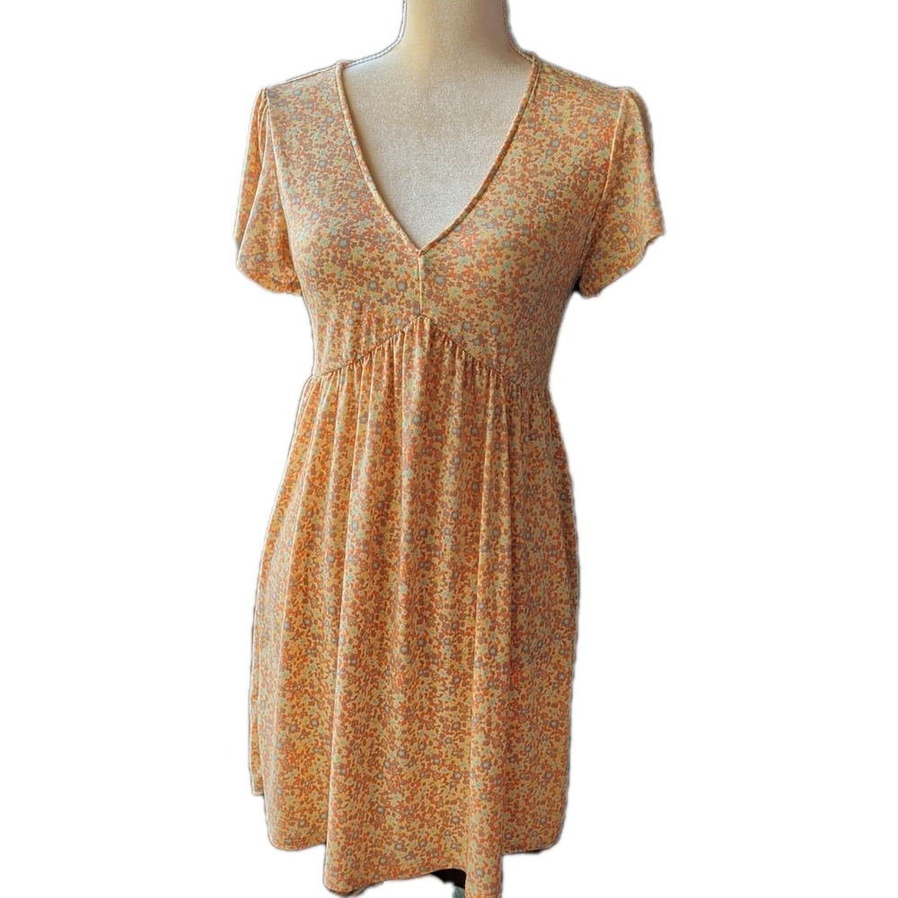 Aeropostale Women's Size M Yellow Floral Baby Doll Dress Short Bell Sleeves
